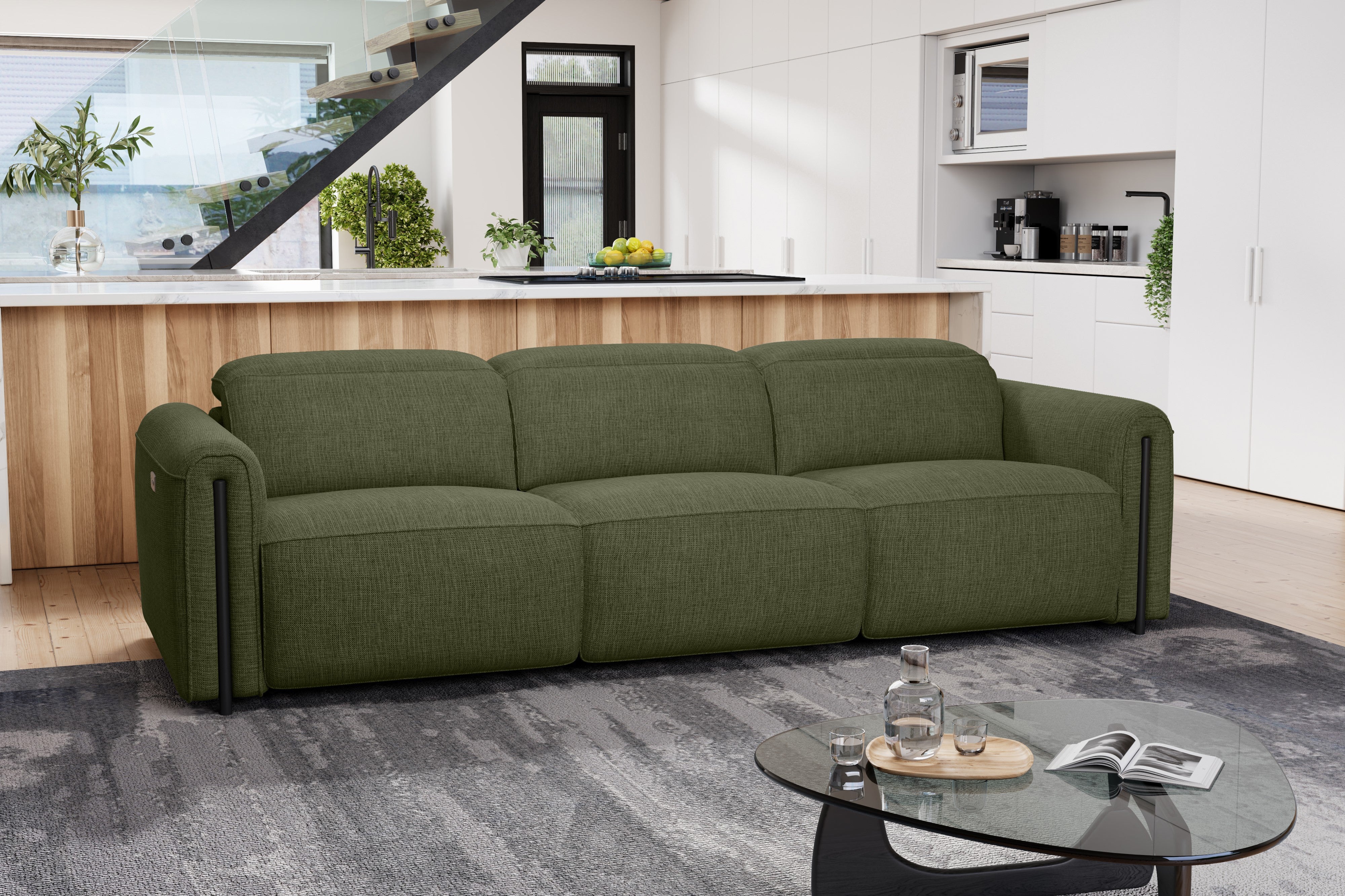 Valencia Octavia Fabric Dual Reclining Cloud Three Seats Sofa, Olive Green