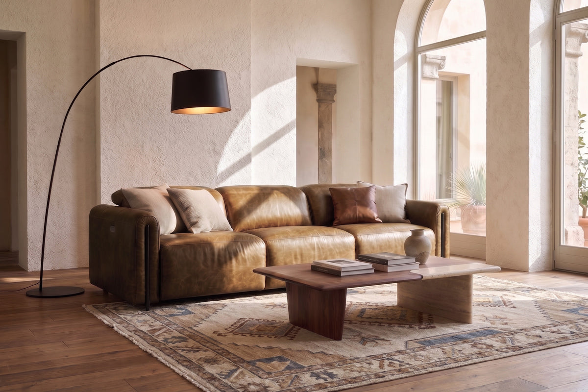 Octavia dual Reclining Sofa in distressed Italian aniline leather