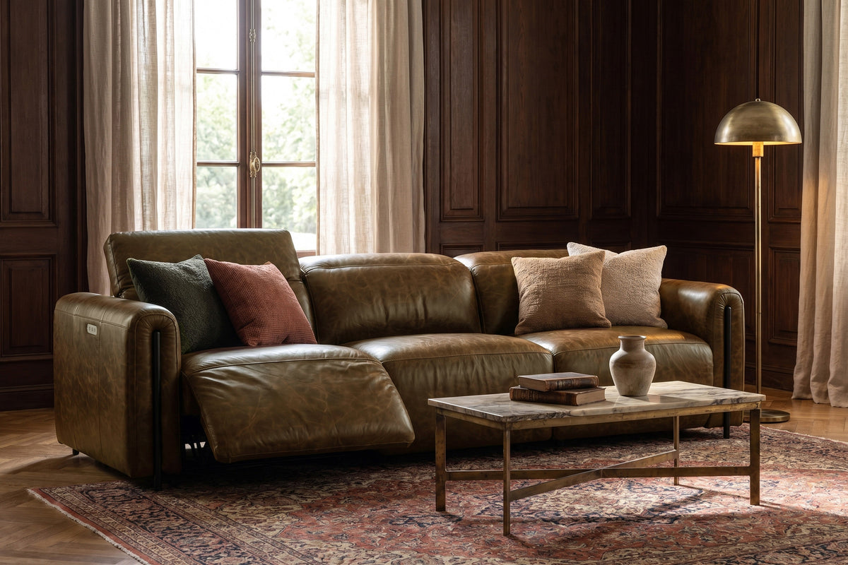 Octavia dual Reclining Sofa in distressed Italian aniline leather