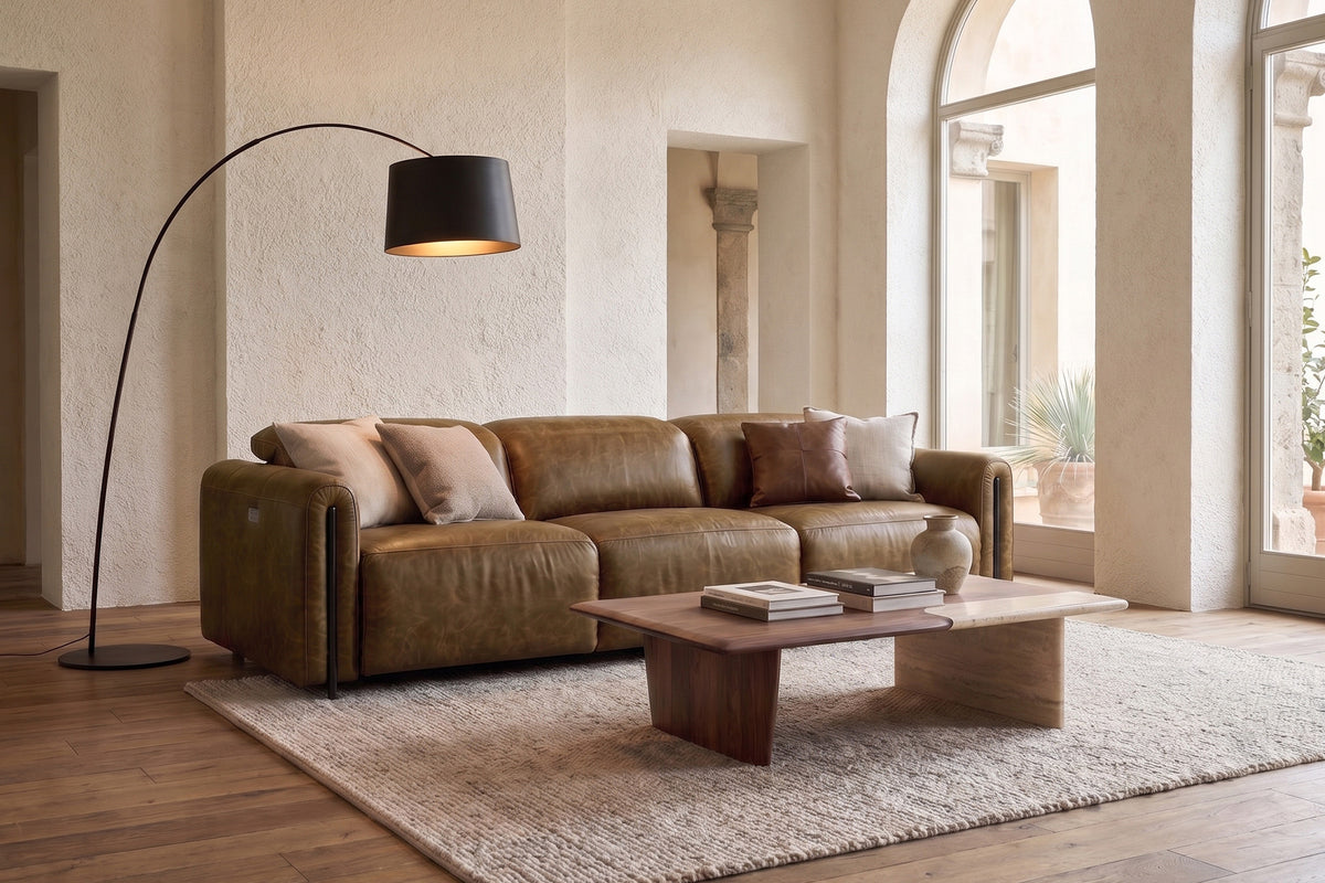 Octavia dual Reclining Sofa in distressed Italian aniline leather