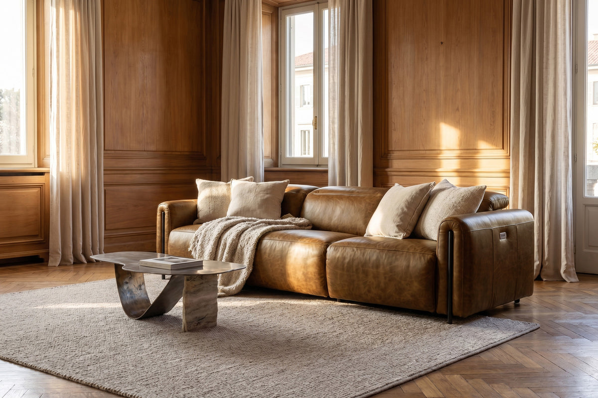 Octavia dual Reclining Sofa in distressed Italian aniline leather