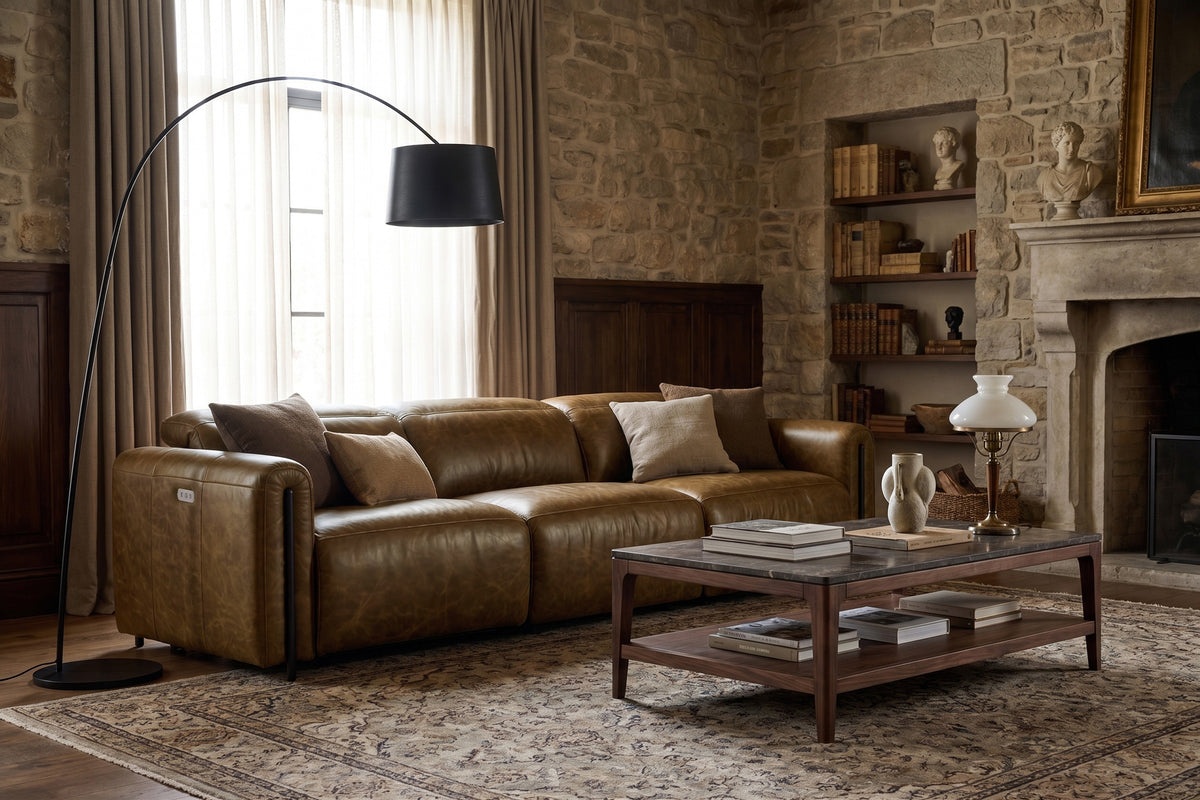 Octavia dual Reclining Sofa in distressed Italian aniline leather