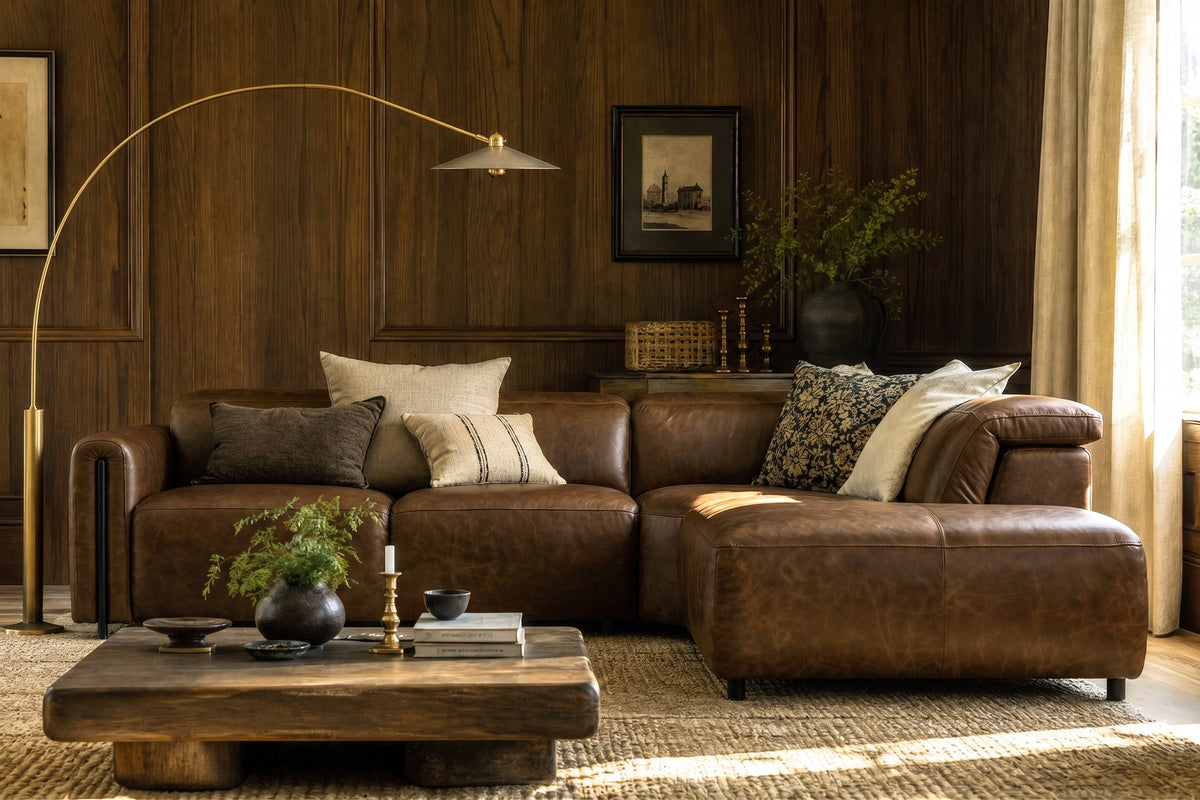Octavia reclining Corner Sectional in distressed Italian aniline leather