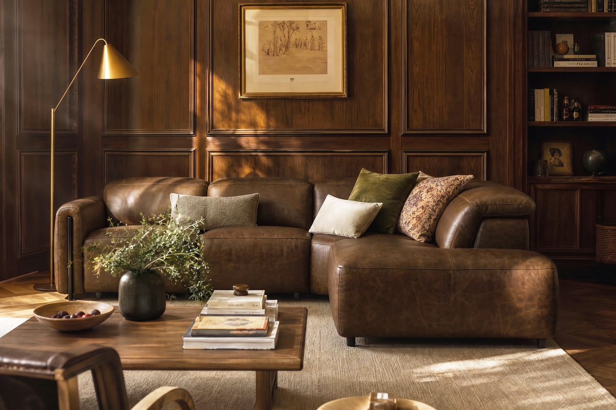 Octavia reclining Corner Sectional in distressed Italian aniline leather