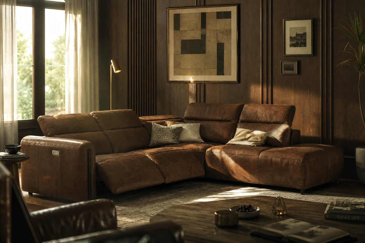 Octavia reclining Corner Sectional in distressed Italian aniline leather