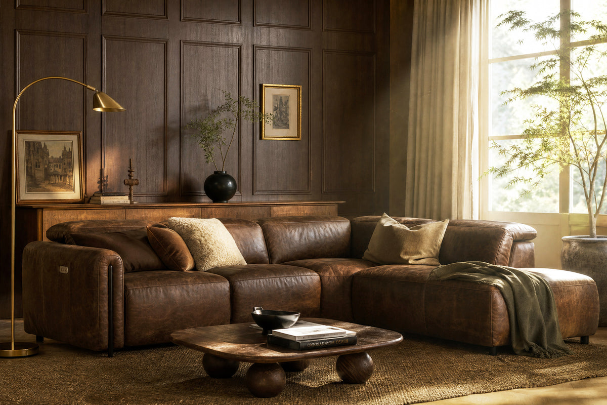 Octavia reclining Corner Sectional in distressed Italian aniline leather