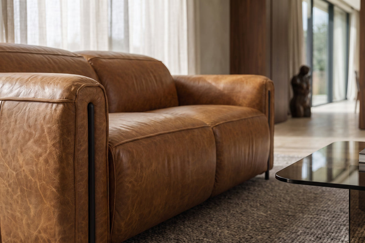 Octavia dual Reclining Sofa in distressed Italian aniline leather