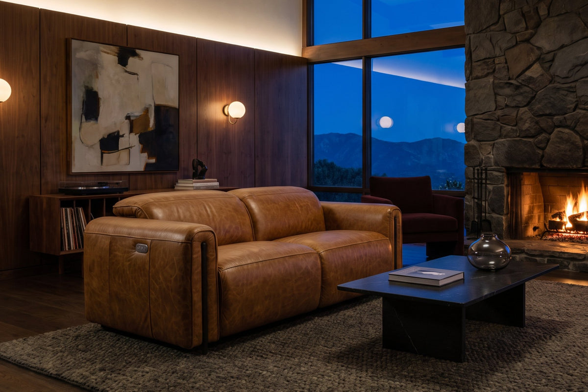 Octavia dual Reclining Sofa in distressed Italian aniline leather