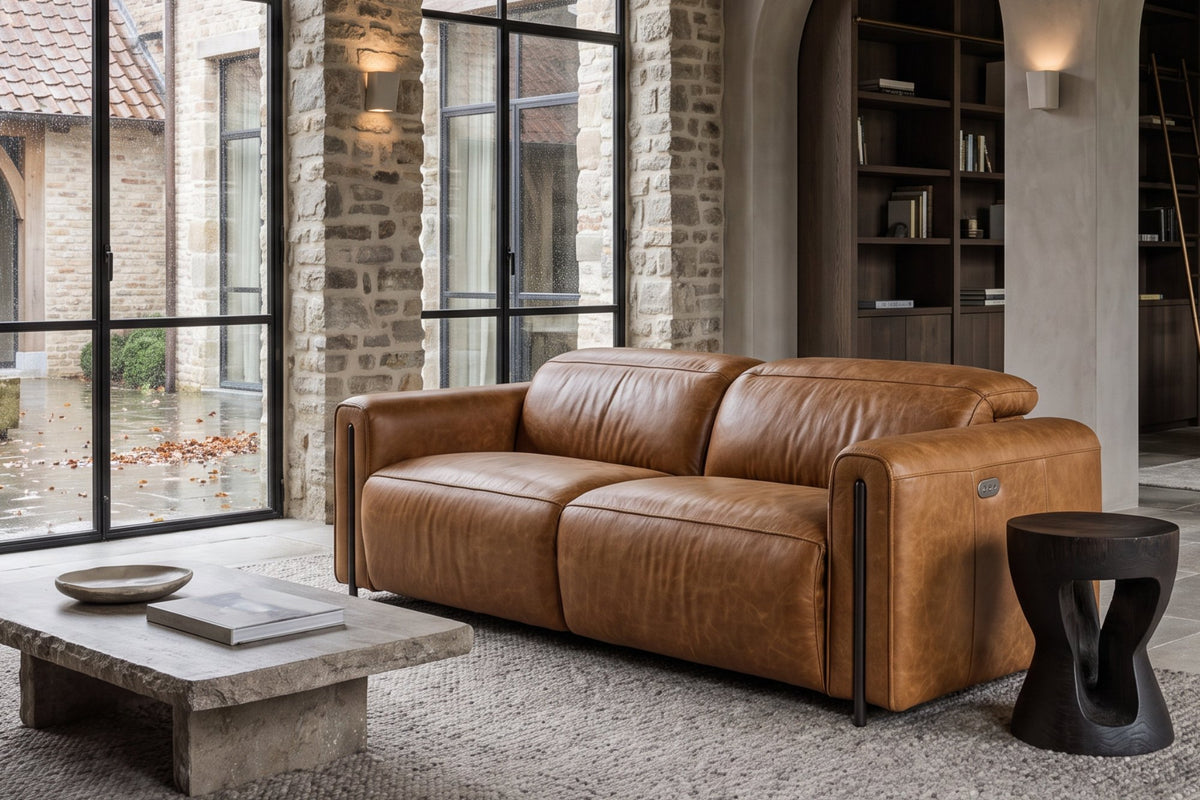 Octavia dual Reclining Sofa in distressed Italian aniline leather