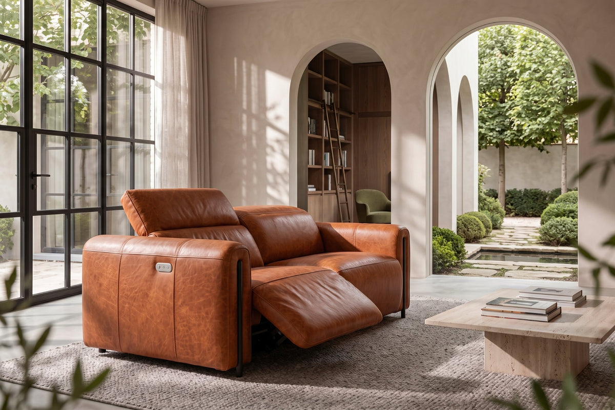 Octavia dual Reclining Sofa in distressed Italian aniline leather