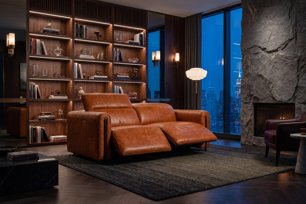 Octavia dual Reclining Sofa in distressed Italian aniline leather