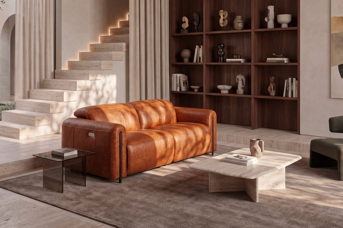 Octavia dual Reclining Sofa in distressed Italian aniline leather