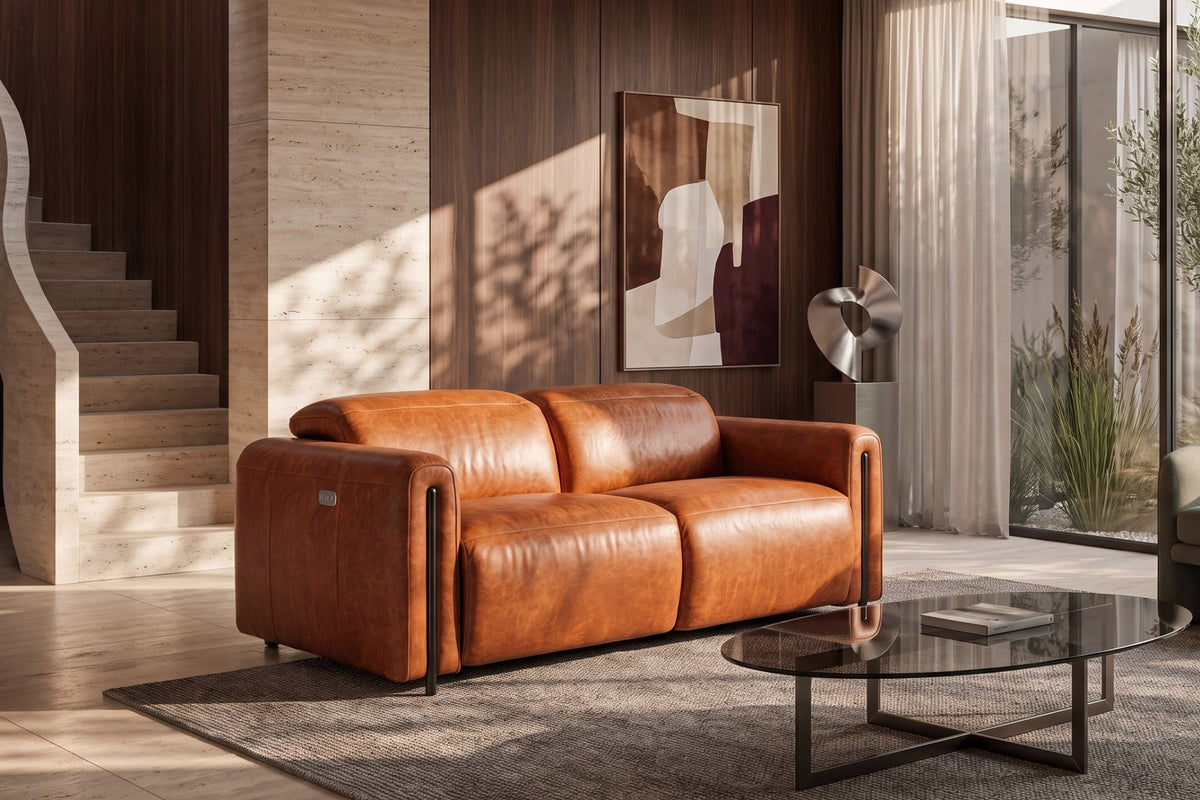 Octavia dual Reclining Sofa in distressed Italian aniline leather