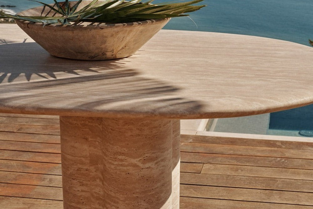 Valencia Otis Travertine Outdoor Pill Dining Table, Natural