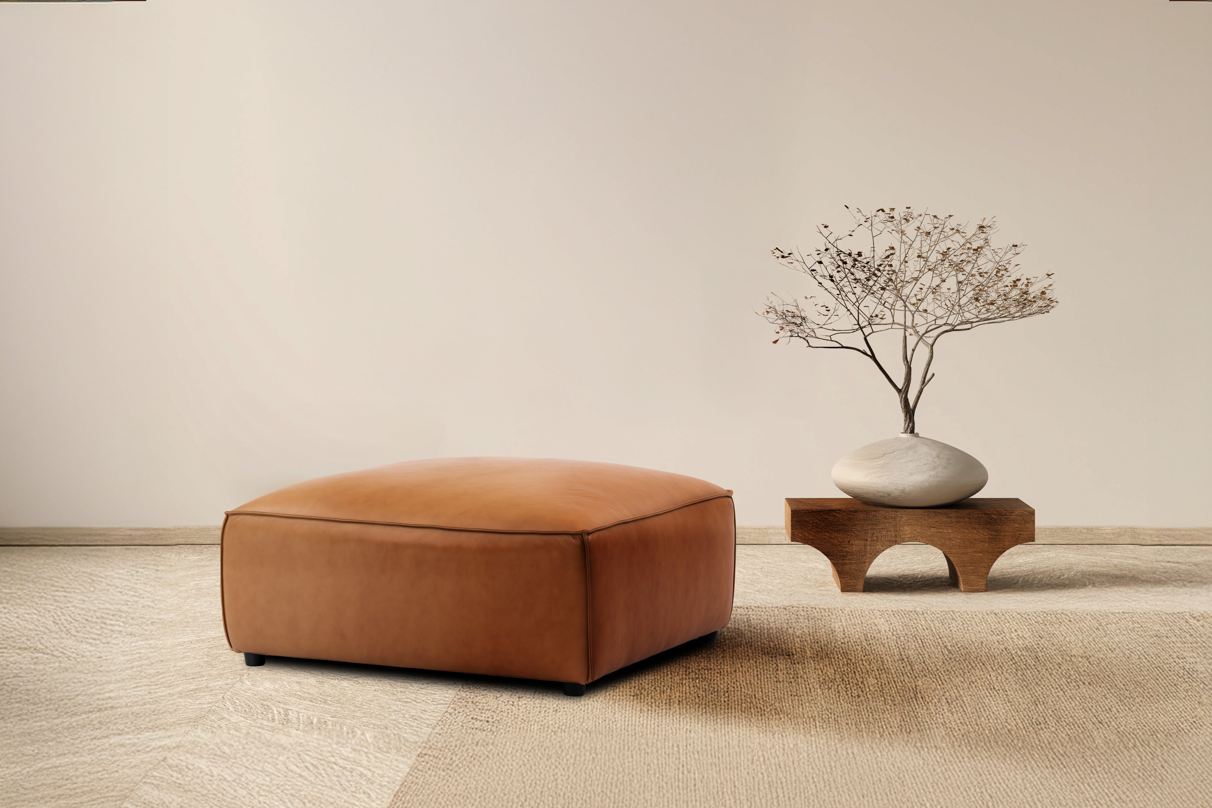 Valencia Nathan Full Aniline Leather Ottoman, Caramel Brown