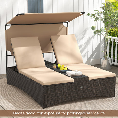 Outdoor Daybed with Adjustable Backrests 2-Person PE Rattan Patio Bed