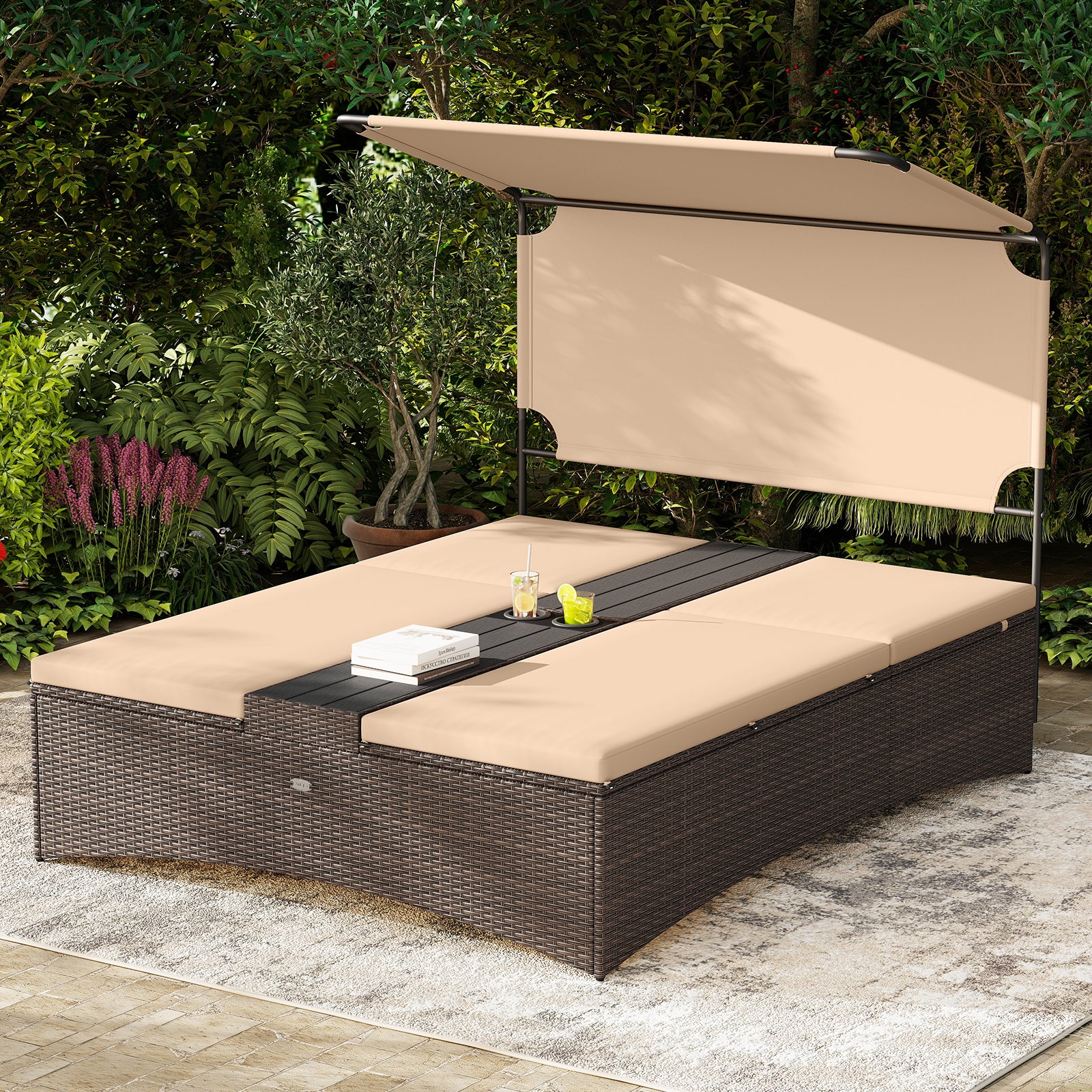 Outdoor Daybed with Adjustable Backrests 2-Person PE Rattan Patio Bed