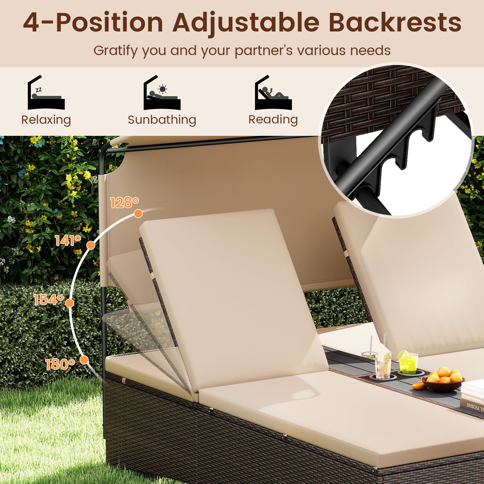 Outdoor Daybed with Adjustable Backrests 2-Person PE Rattan Patio Bed