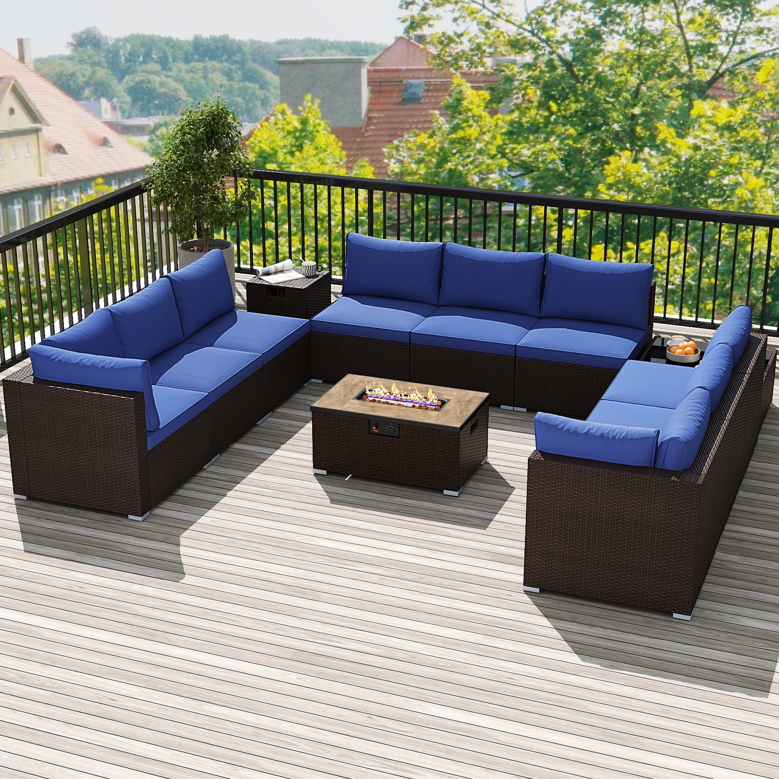 Outdoor PE Rattan Conversation Set with 32” Propane Fire Pit Table and Tank Holder