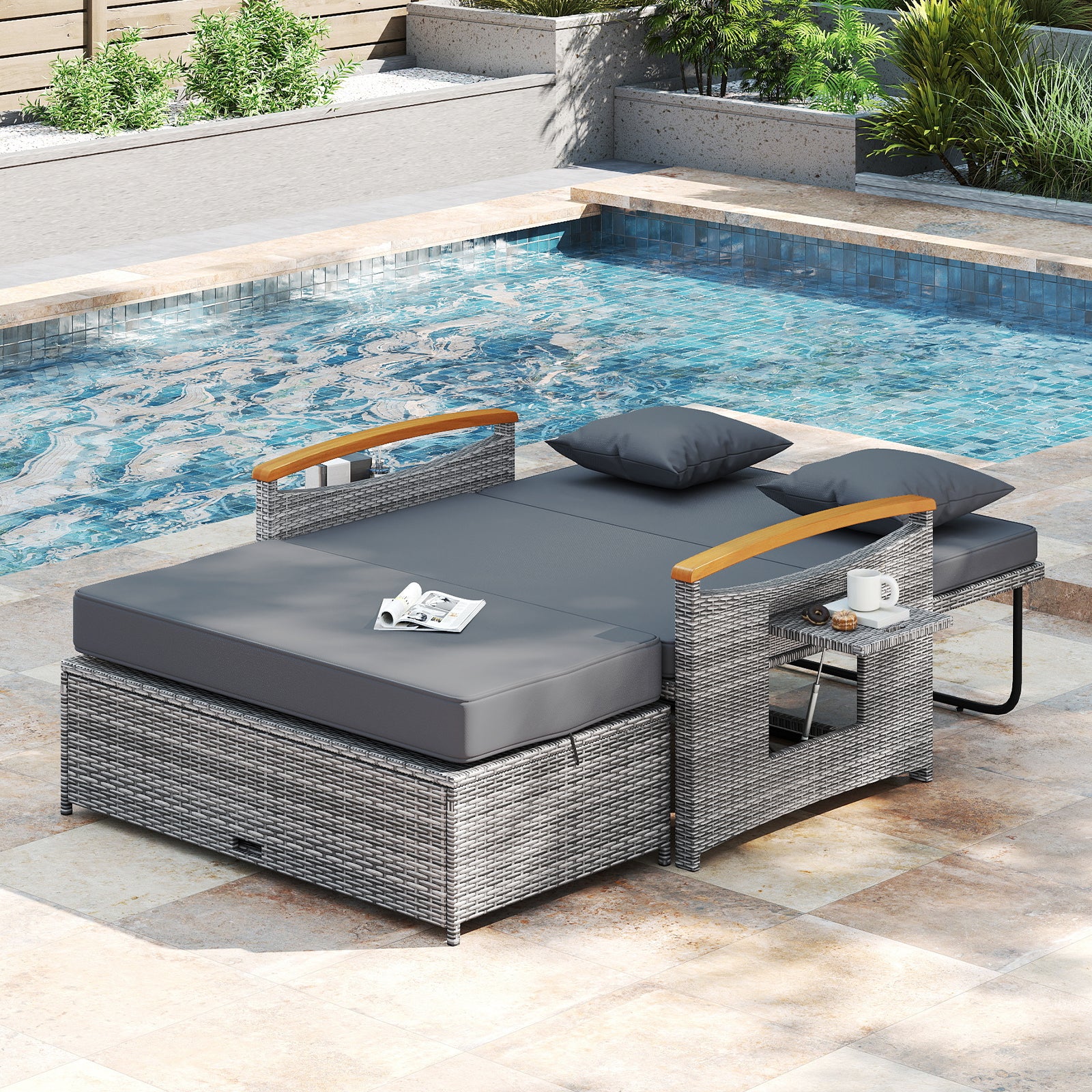 Outdoor Wicker Daybed with Folding Panels and Storage Ottoman