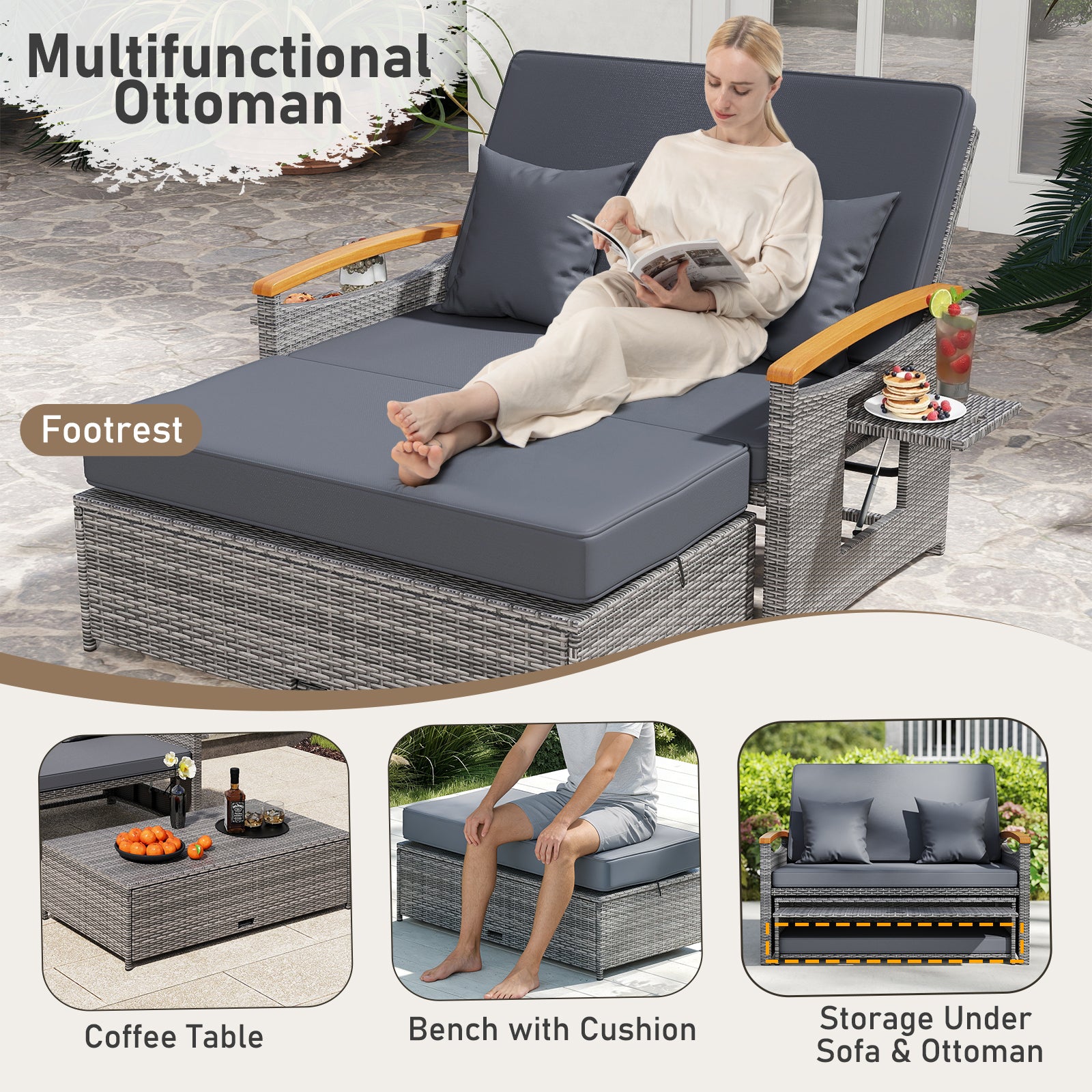 Outdoor Wicker Daybed with Folding Panels and Storage Ottoman