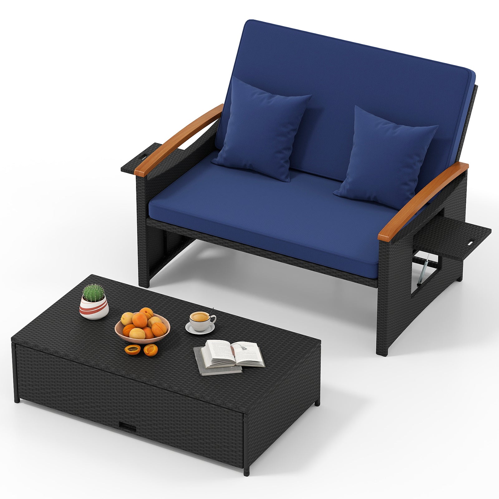 Outdoor Wicker Daybed with Folding Panels and Storage Ottoman