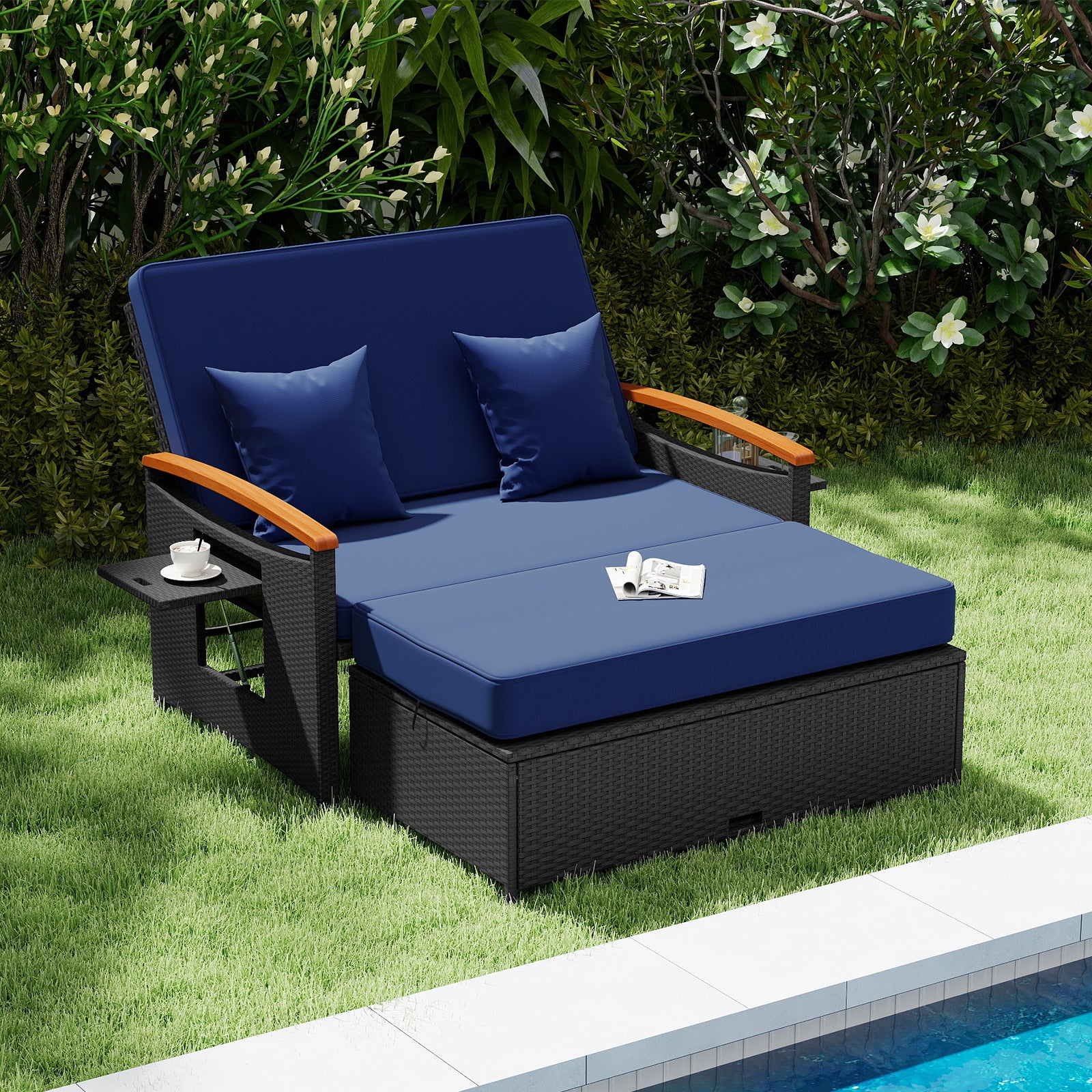Outdoor Wicker Daybed with Folding Panels and Storage Ottoman