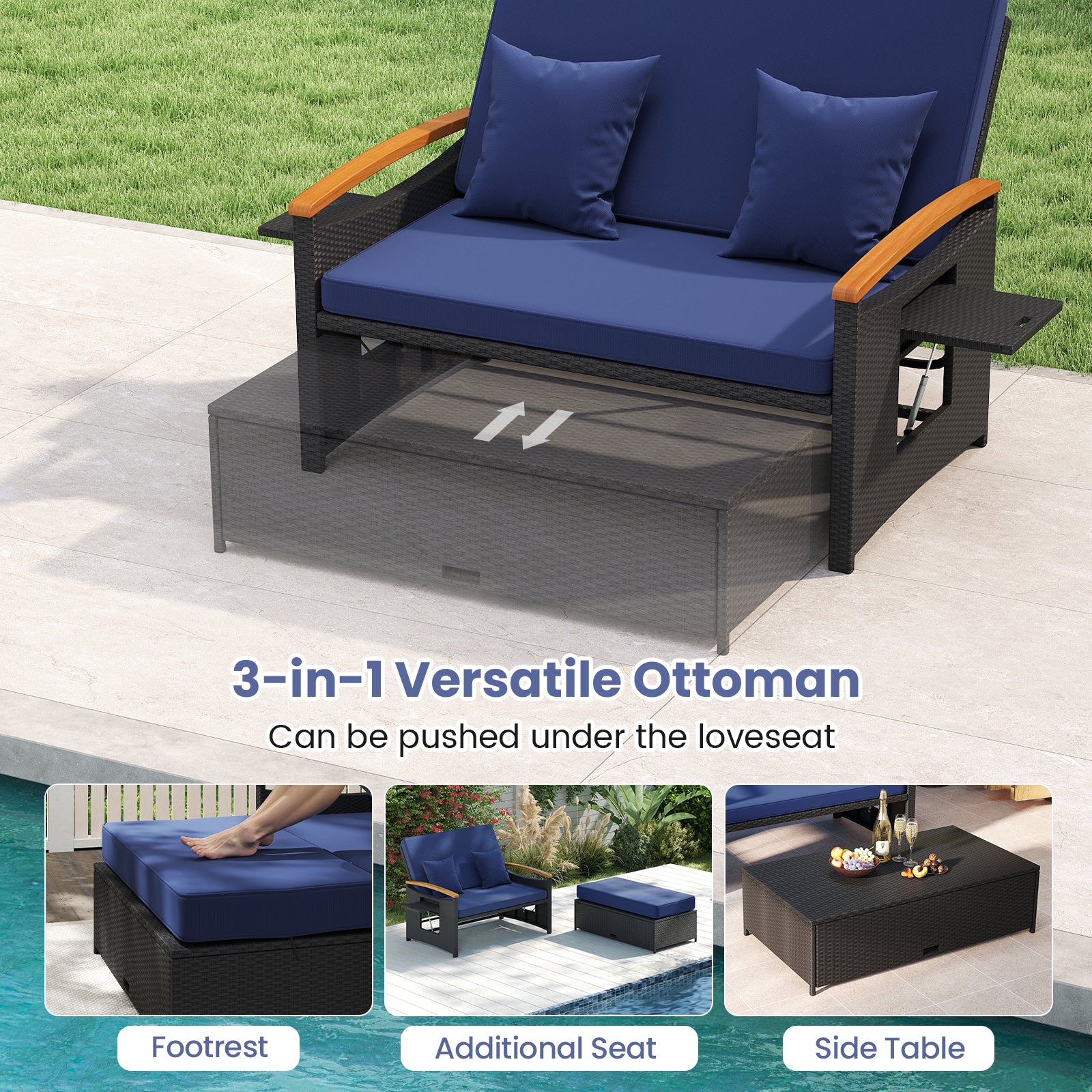 Outdoor Wicker Daybed with Folding Panels and Storage Ottoman