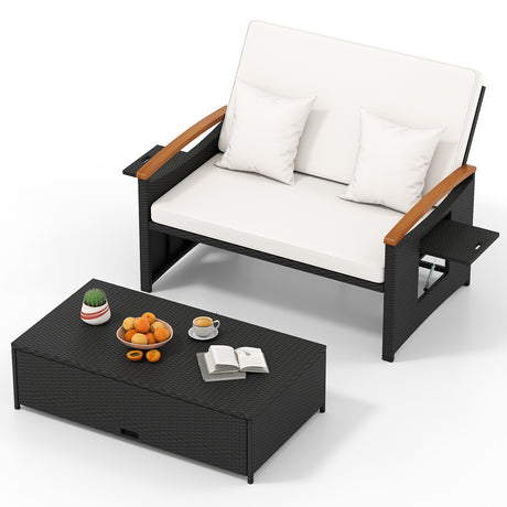 Outdoor Wicker Daybed with Folding Panels and Storage Ottoman