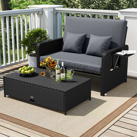 PE Wicker Outdoor Daybed with 4-Level Adjustable Backrest and Storage Ottoman