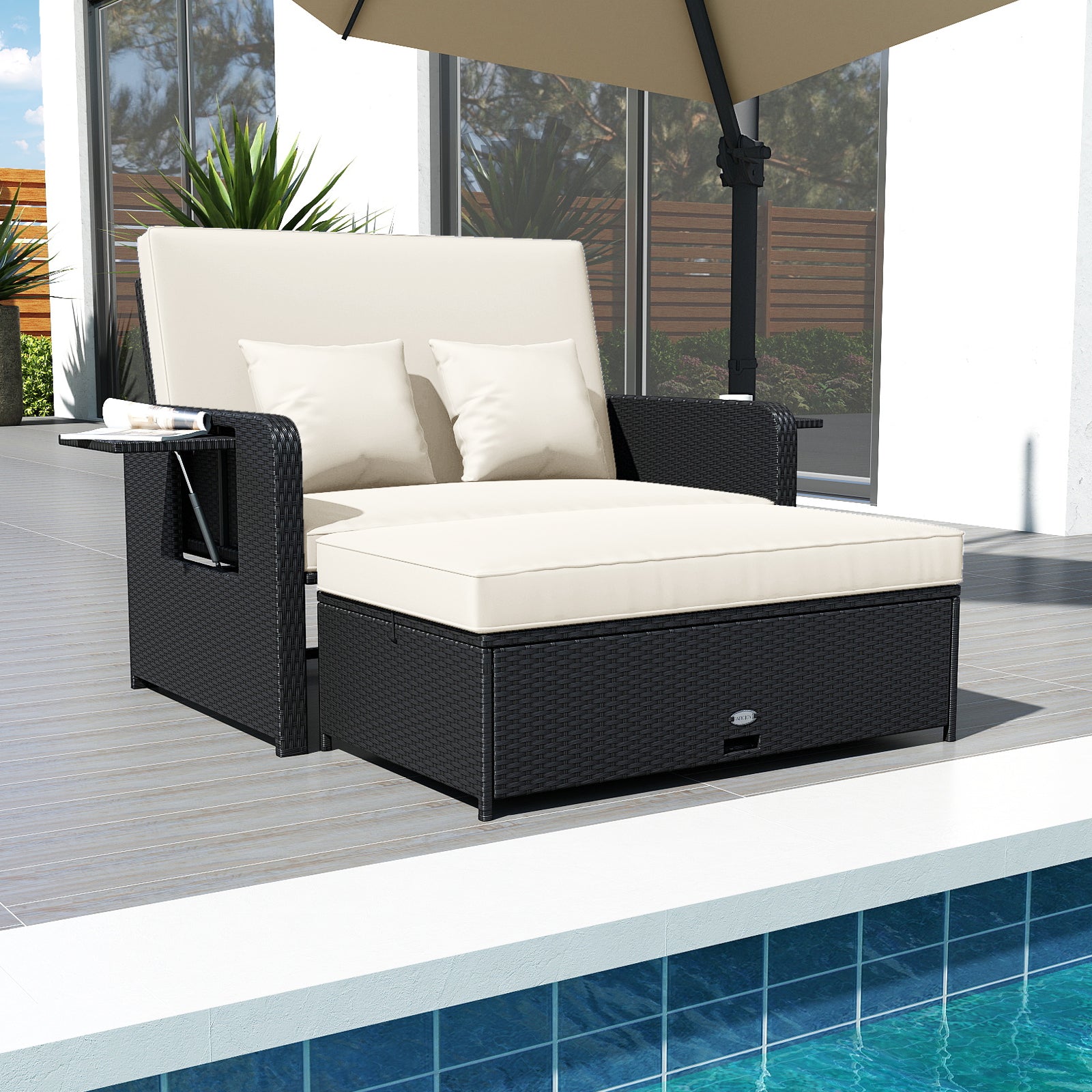 PE Wicker Outdoor Daybed with 4-Level Adjustable Backrest and Storage Ottoman