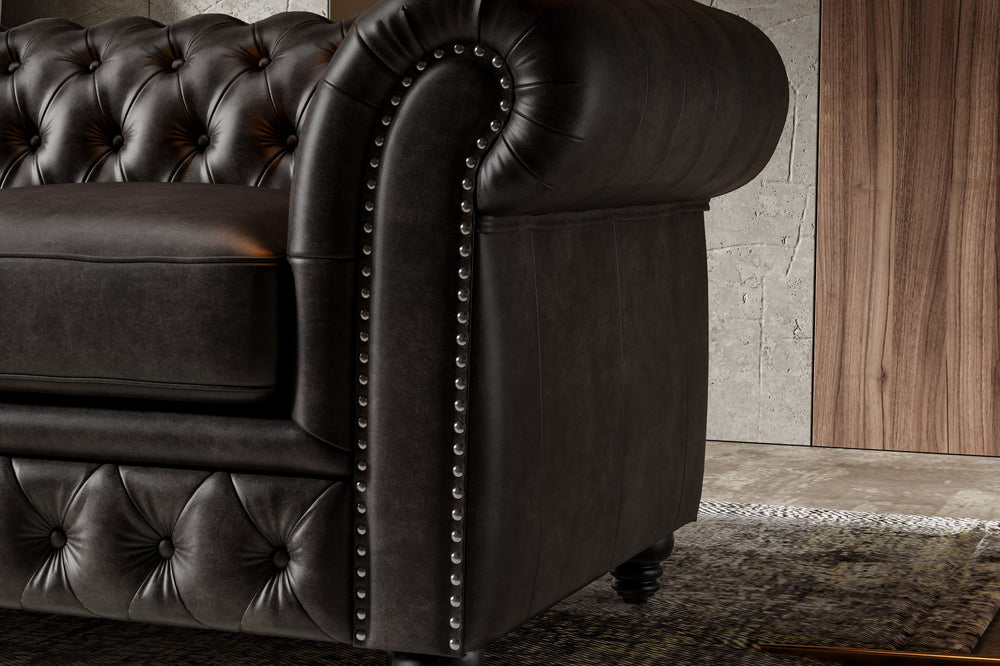 Valencia Parma Full Aniline Leather Chesterfield Single Sofa Accent Chair, Black Color