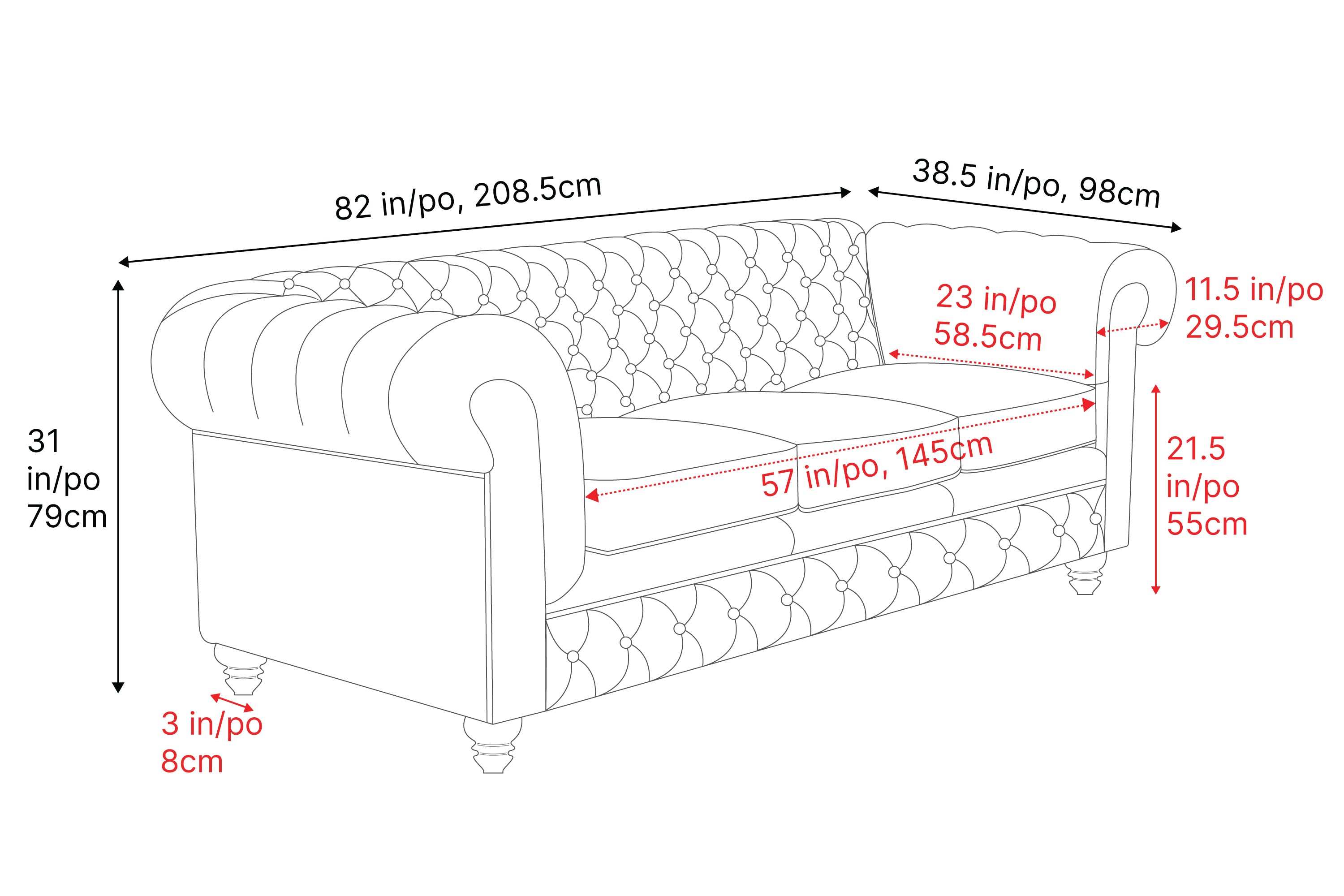 Valencia Parma 82" Full Aniline Leather Chesterfield Three Seats Sofa, Antique White