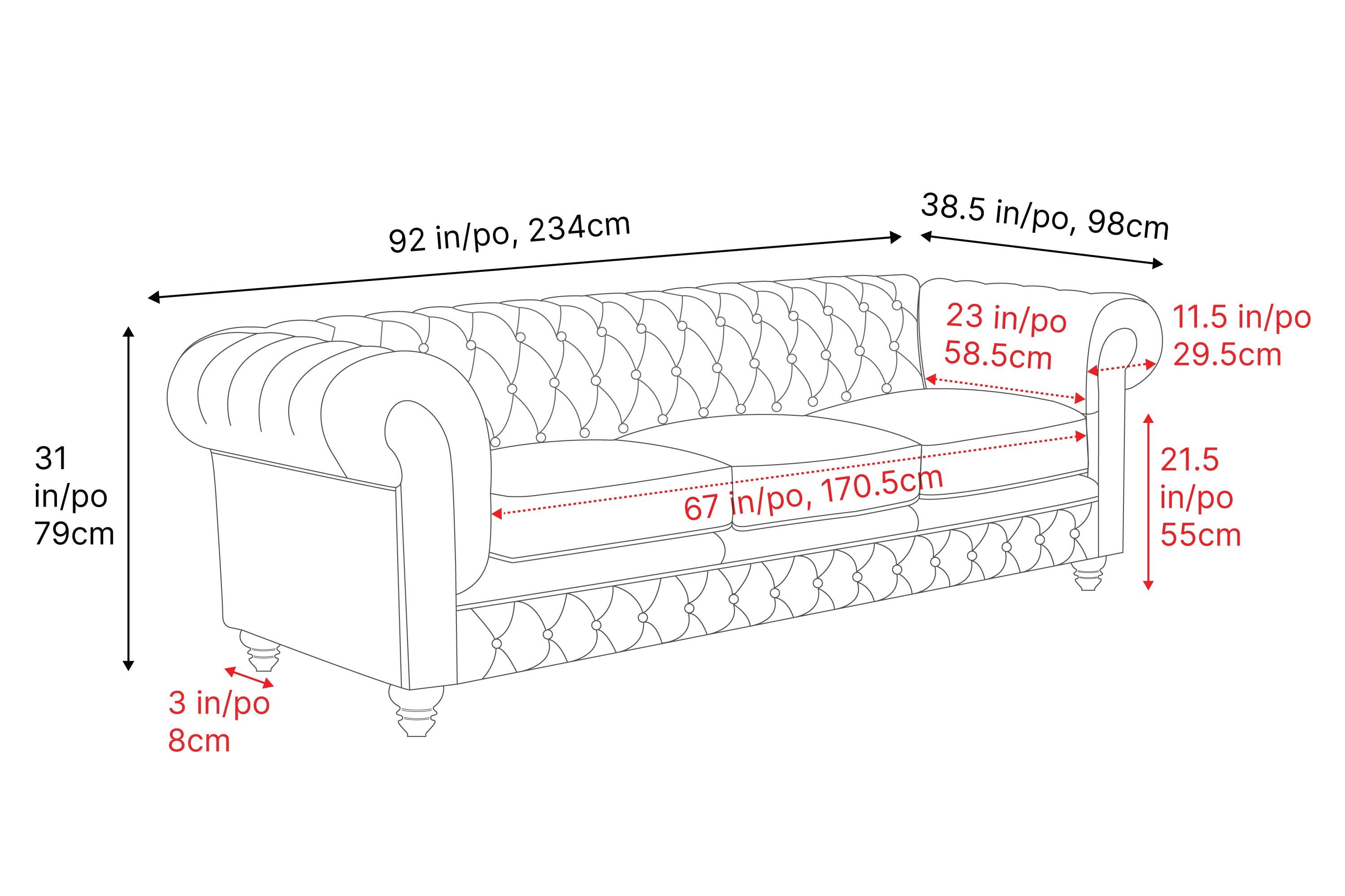 Valencia Parma 92" Full Aniline Leather Chesterfield Three Seats Sofa, Antique White