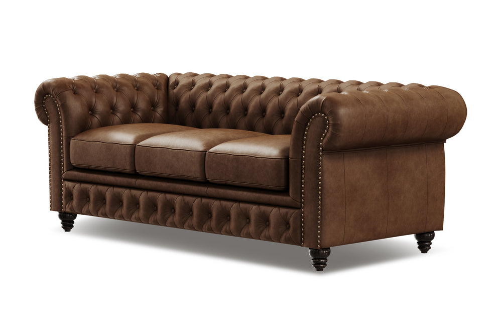 Valencia Parma 82" Full Aniline Leather Chesterfield Three Seats Sofa, Chocolate