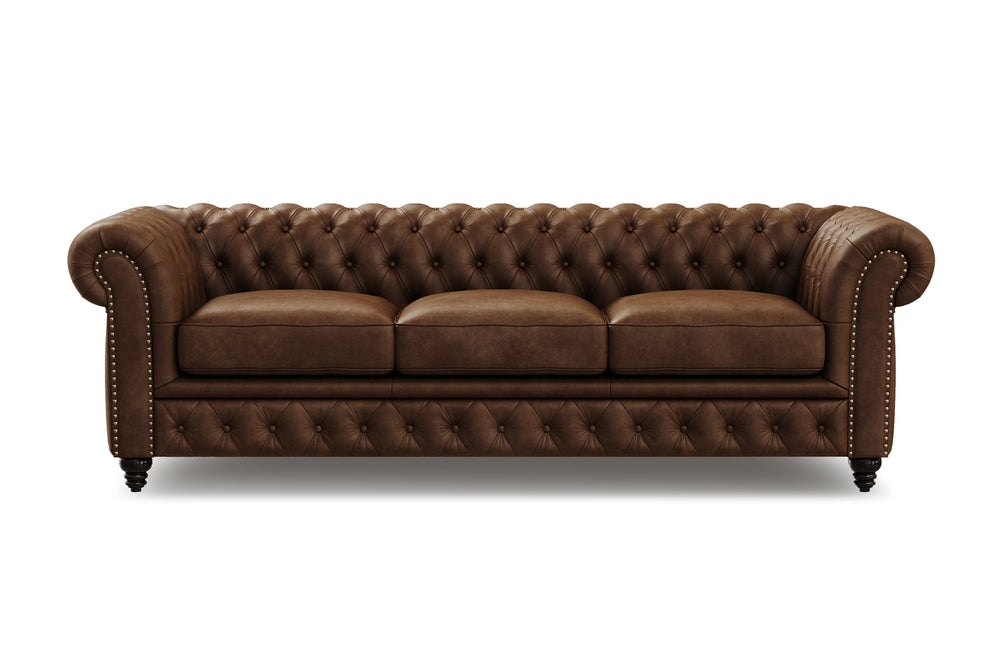 Valencia Parma 92" Full Aniline Leather Chesterfield Three Seats Sofa, Chocolate Color