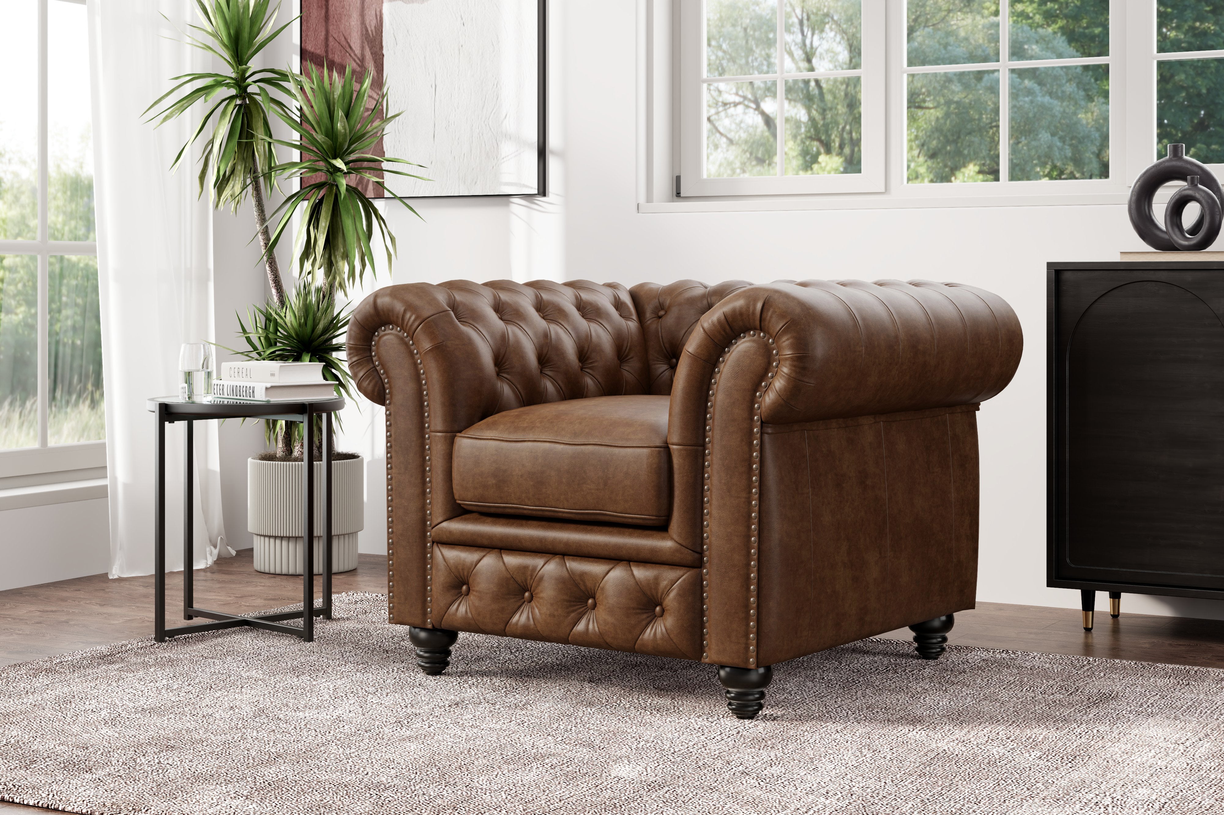 Valencia Parma Full Aniline Leather Chesterfield Single Sofa Accent Chair, Chocolate