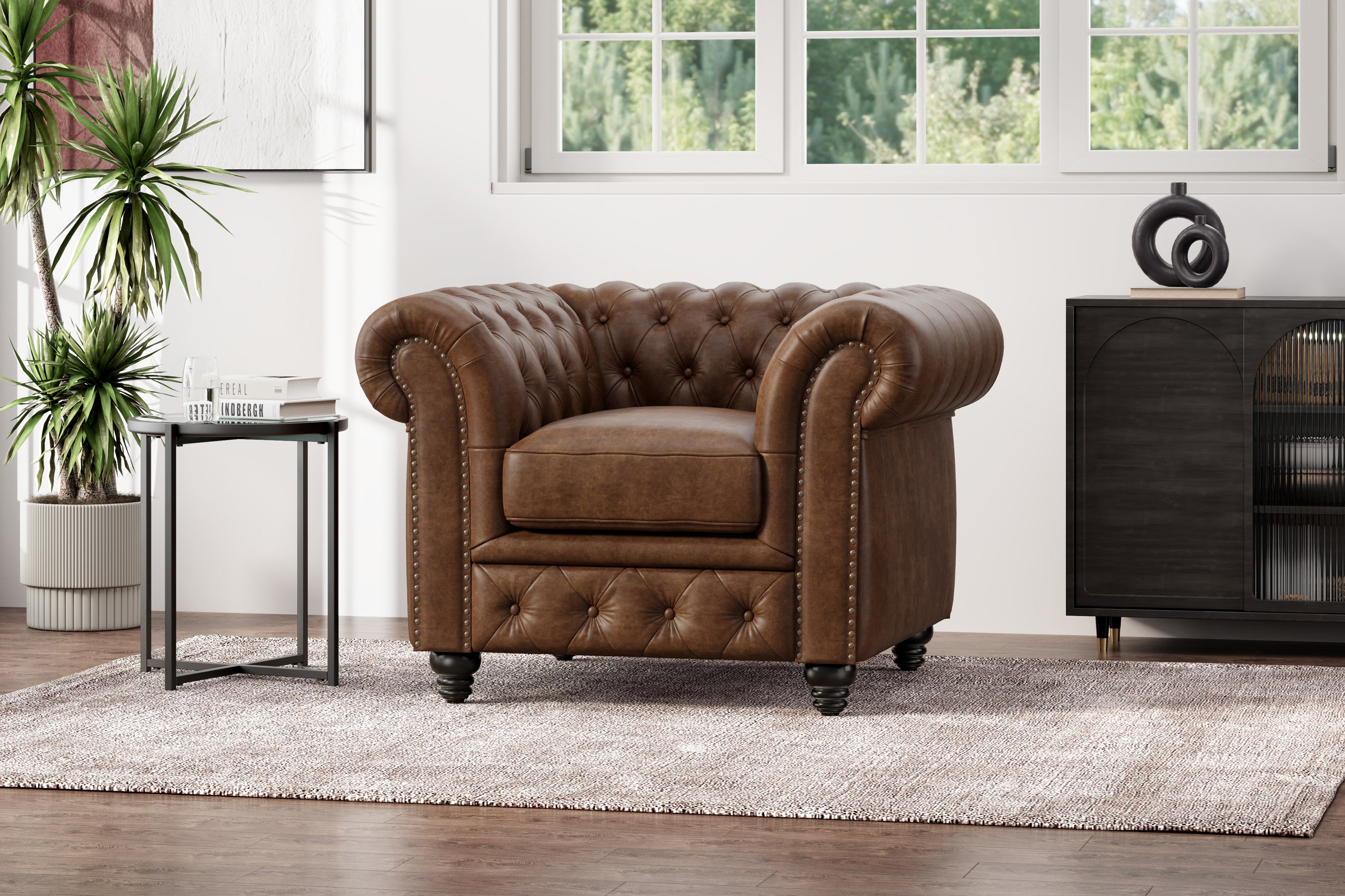 Valencia Parma Full Aniline Leather Chesterfield Single Sofa Accent Chair, Chocolate