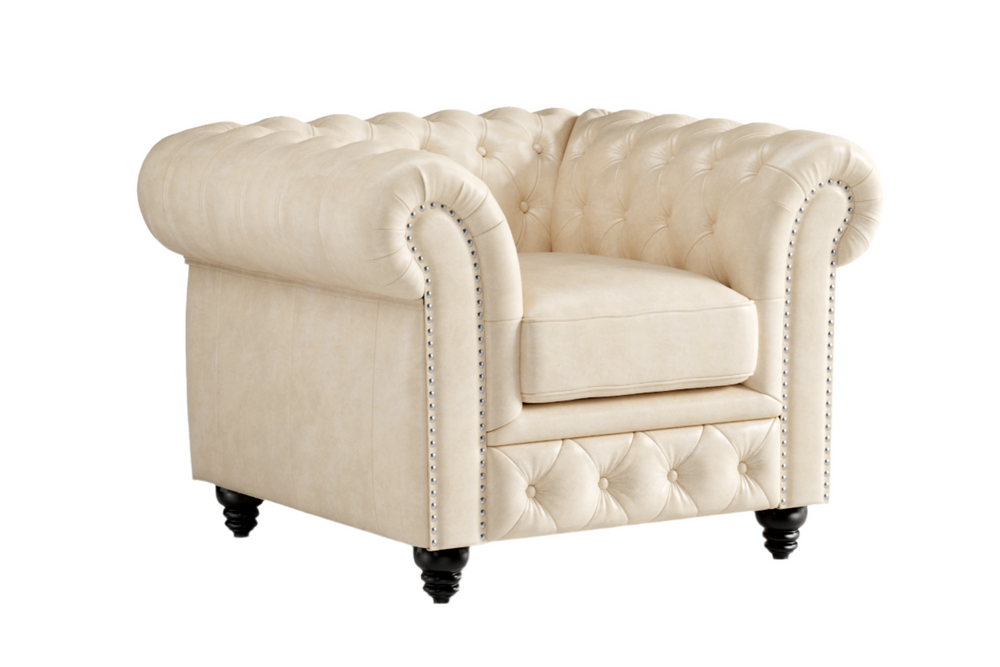 Valencia Parma Full Aniline Leather Chesterfield Single Sofa Accent Chair, Antique White Color