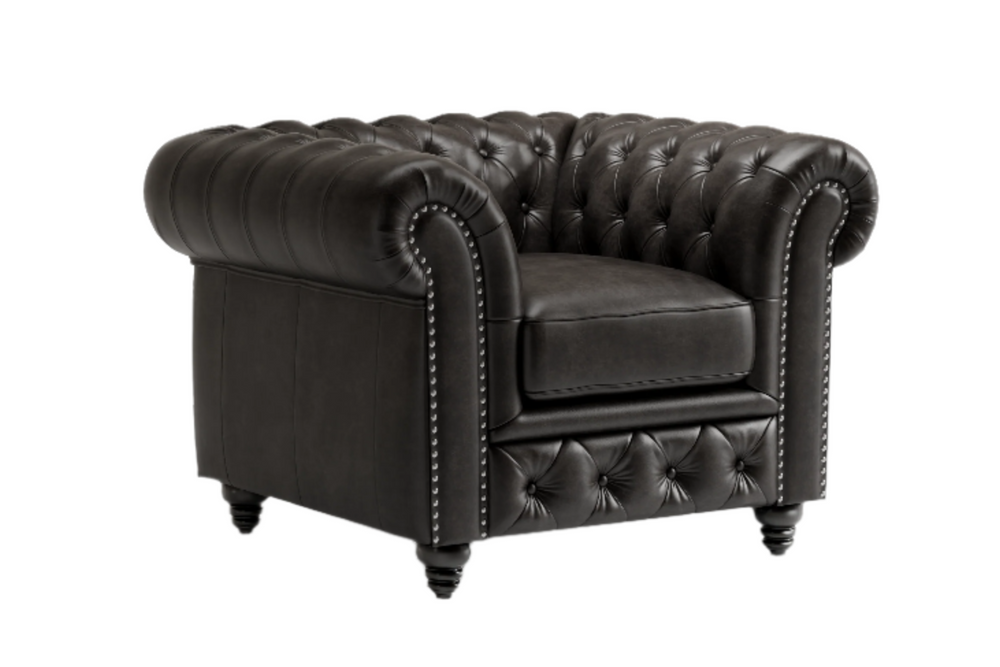 Valencia Parma Full Aniline Leather Chesterfield Single Sofa Accent Chair, Black Color