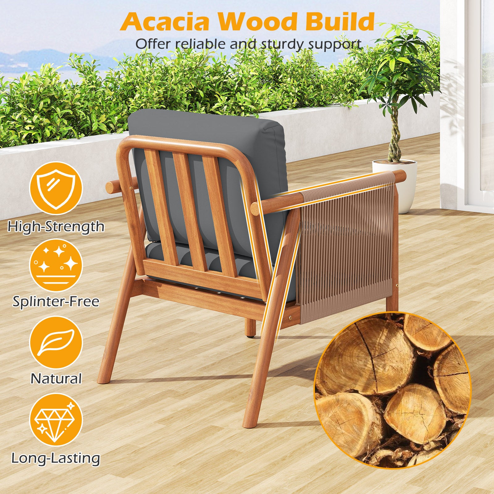 Patio Acacia Wood Chair Set of 4 with Woven Rope Armrests and Seat Back Cushions for Backyard