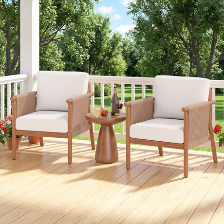 Patio Acacia Wood Chair Set of 4 with Woven Rope Armrests and Seat Back Cushions for Backyard