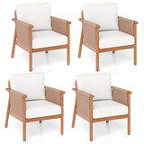 Patio Acacia Wood Chair Set of 4 with Woven Rope Armrests and Seat Back Cushions for Backyard