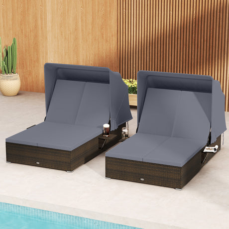 Patio Double Chaise Lounge with Shade Cushions and Folding Side Trays