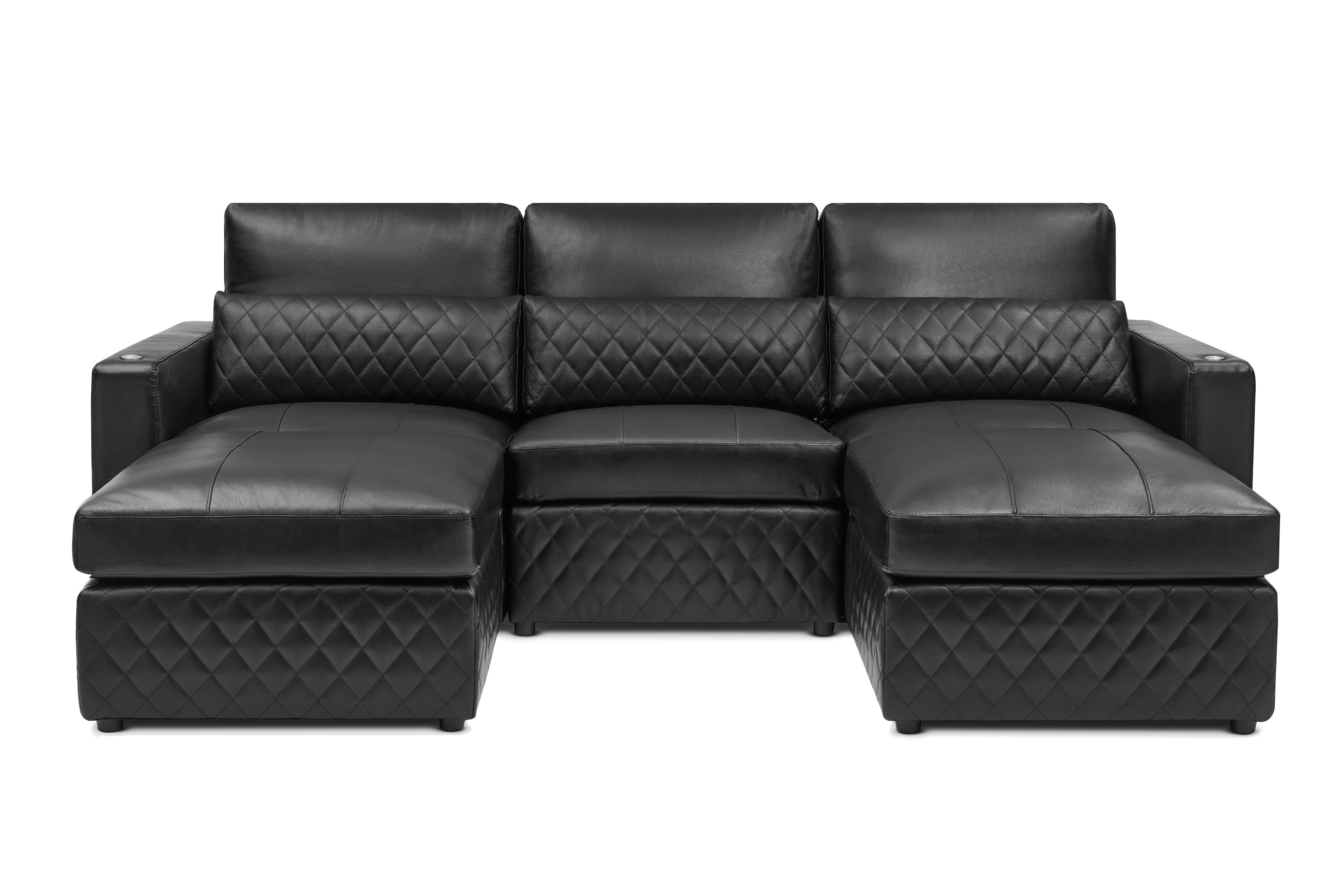 Valencia Pisa Top Grain Nappa 11000 Leather Lounge Sectional Sofa, Three Seats with 2 Ottomans, Black