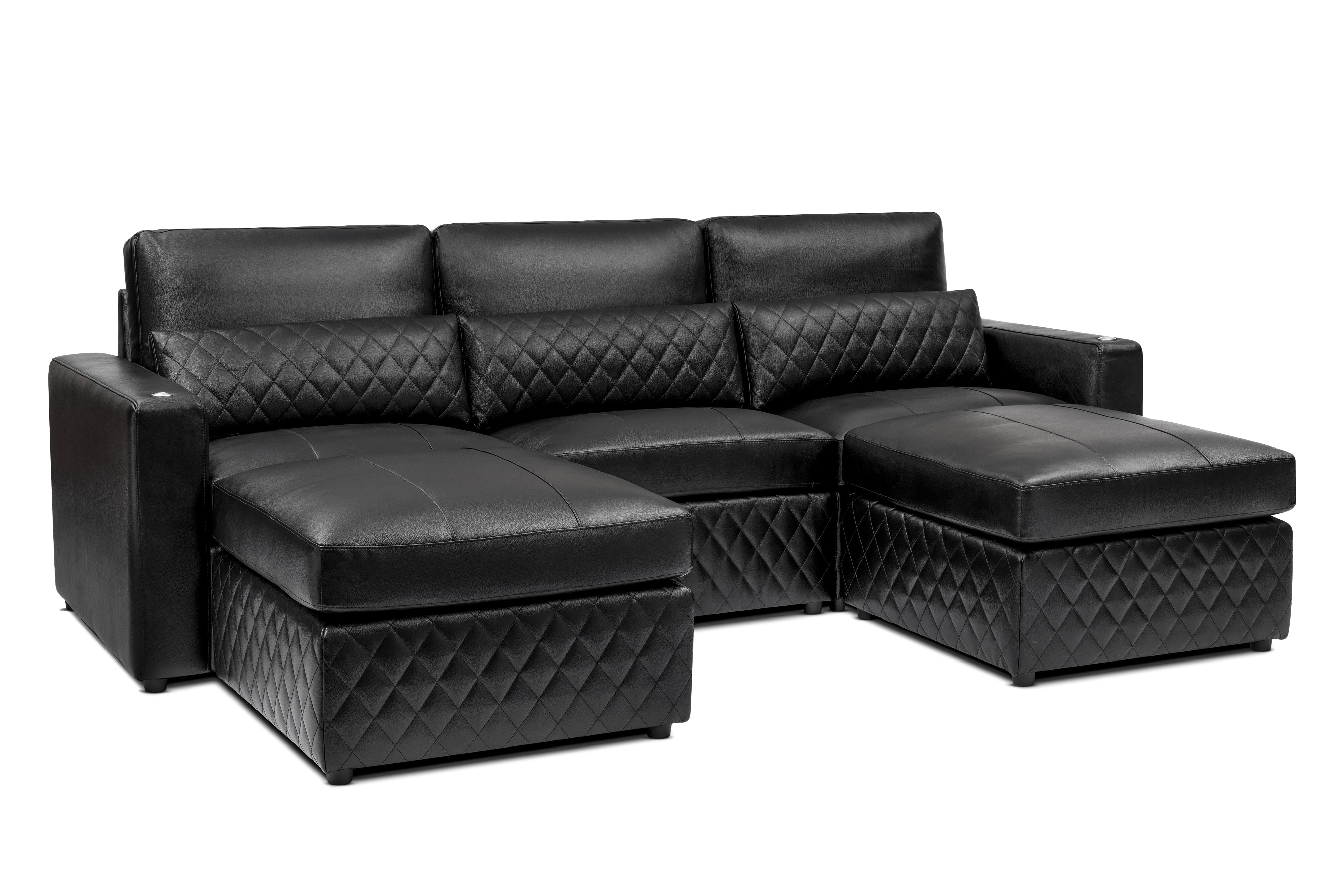 Valencia Pisa Top Grain Nappa 11000 Leather Lounge Sectional Sofa, Three Seats with 2 Ottomans, Black