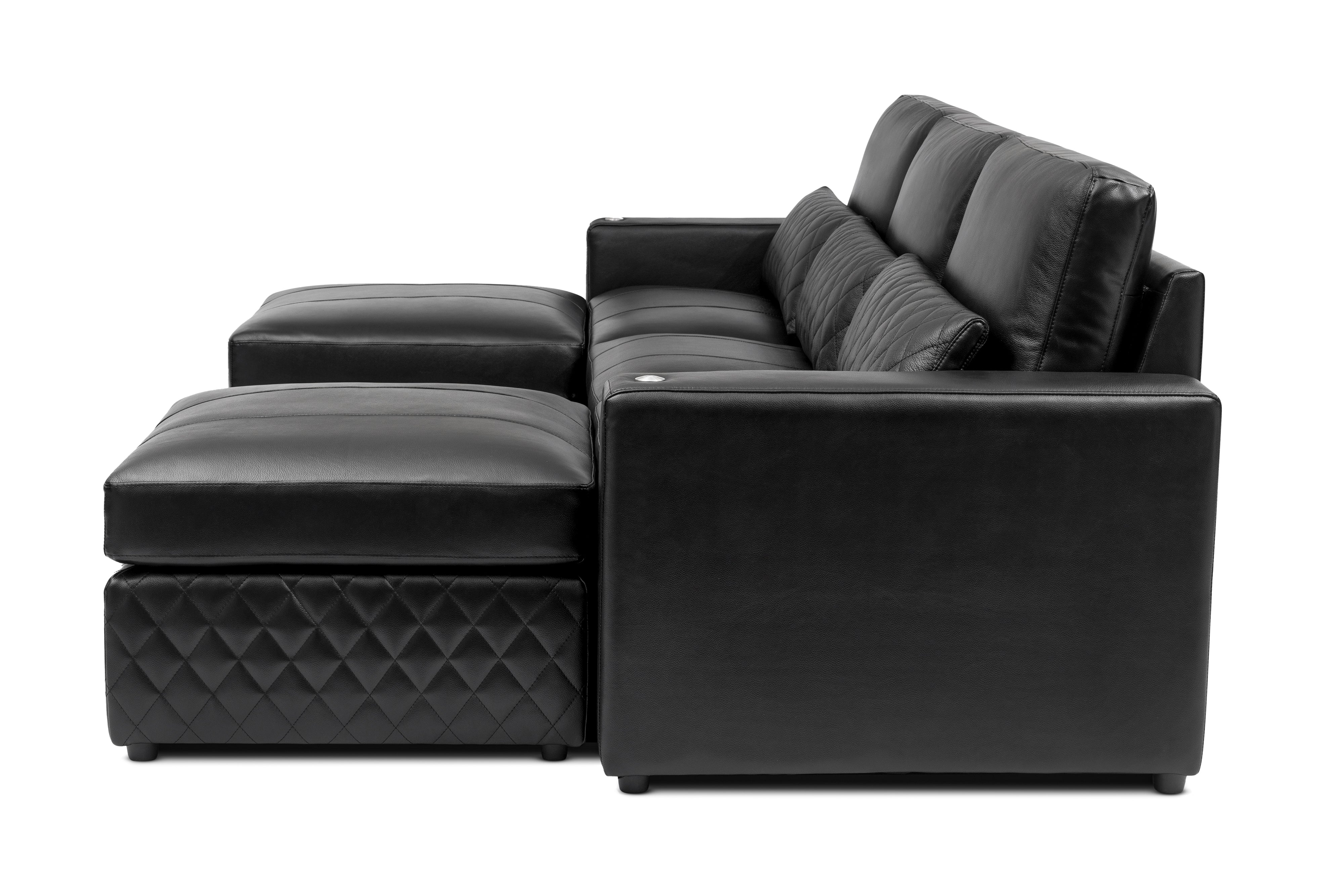Valencia Pisa Top Grain Nappa 11000 Leather Lounge Sectional Sofa, Three Seats with 2 Ottomans, Black