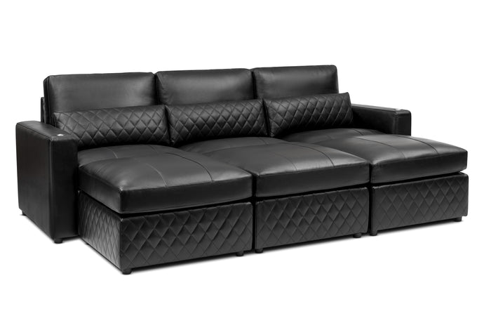 Valencia Pisa Top Grain Nappa 11000 Leather Lounge Sectional Sofa, Three Seats with 3 Ottomans, Black