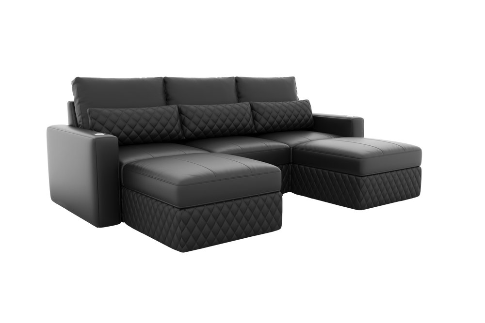 Valencia Pisa Top Grain Nappa 11000 Leather Lounge Sectional Sofa, Three Seats with 2 Ottomans, Black