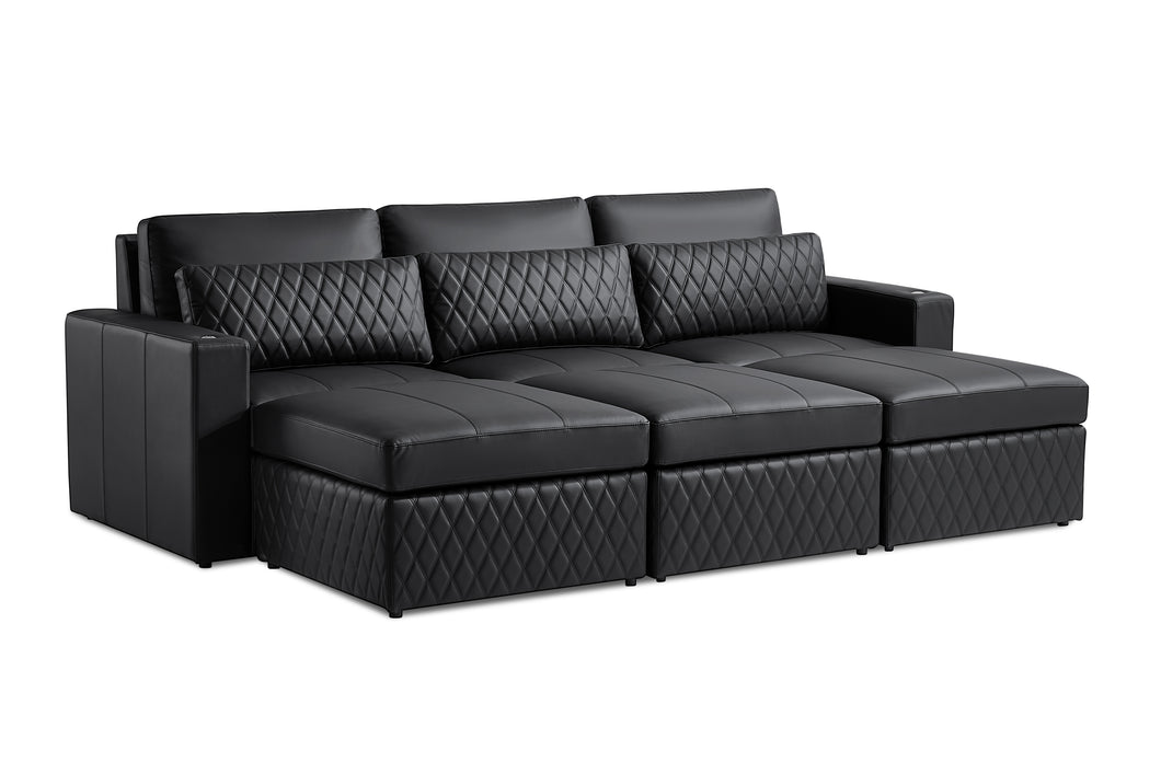 Valencia Pisa Ultimate Nappa 20000 Leather Lounge Sectional Sofa, Three Seats with 3 Ottomans, Black